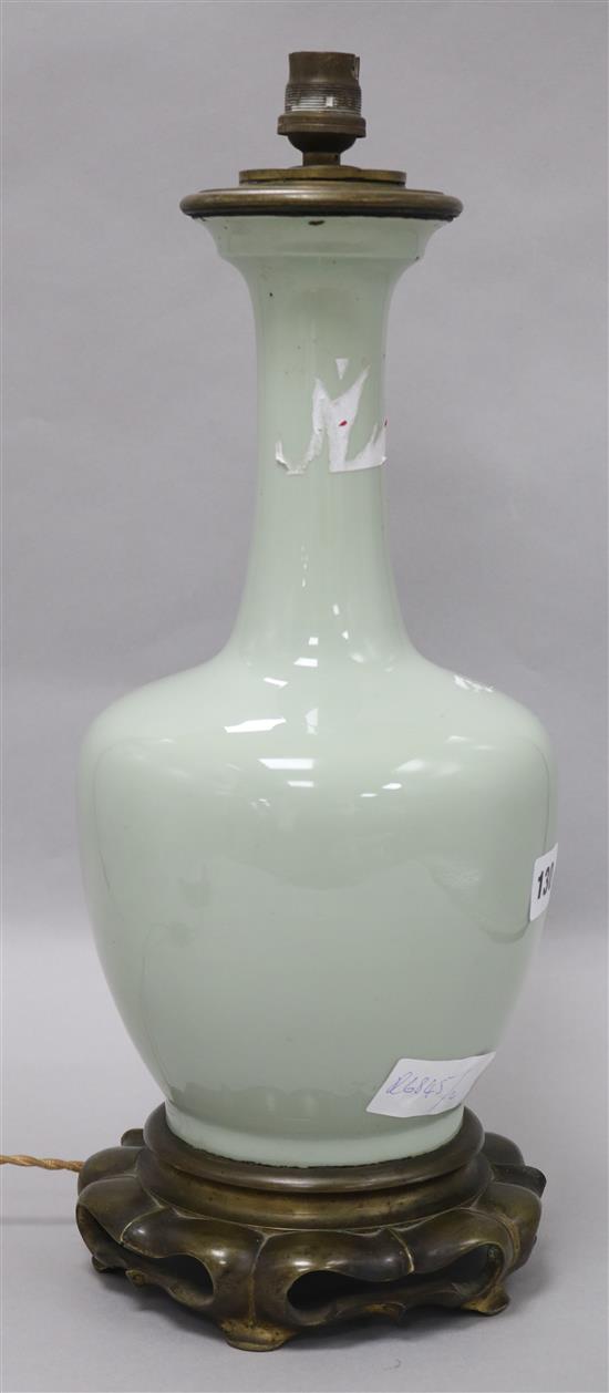 A celadon vase lamp base height 43cm incl. light fitting and base